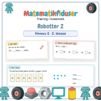 Forside til Matematikfiduser Robotter 2 med opgaverne Pak i tiere, Del tallet og Større, mindre eller lige