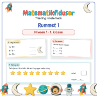 Forside til Matematikfiduser Rummet 1 med opgaverne Tæl og del, Læg sammen og Talvenner