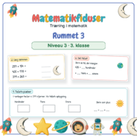 Forside til Matematikfiduser Rummet 3 med opgaverne Tallets pladser, Læg sammen og Del tallet