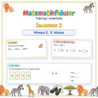 Forside til Matematikfiduser Savannen 2 med opgaverne Pak i tiere, Del tallet og Større, mindre eller lige