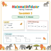 Forside til Matematikfiduser Savannen 3 med opgaverne Tallets pladser, Del tallet og Større, mindre eller lige