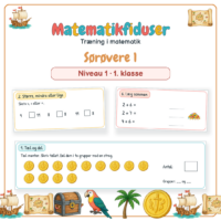 Forside til Matematikfiduser Sørøvere 1 med opgaverne Tæl og del, Større, mindre eller lige og Læg sammen