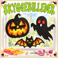 Skyggebilleder i et vindue: et sort græskar med orange silkepapir i øjne og mund, et spøgelse med røde øjne og en flagermus med orange vinger. I vindueskarmen ligger silkepapir, saks og limstift.