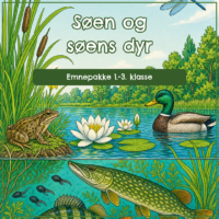 Forsiden til emnepakken Søen og søens dyr med en tegnet sø, hvor en frø, en gråand, en gedde og haletudser er samlet mellem åkander og siv