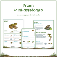 Forsiden til mini-dyreforløbet om frøen med forløbets seks elevsider bagved