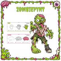 Forside til Zombiepynt med en stor grøn zombie, to tegneguides og en ramme af slim og zombiefingre